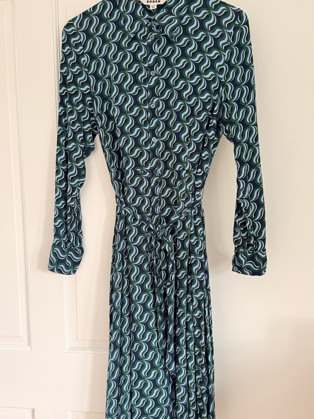 Boden Teal & Navy Wave-Print Long Sleeve Shirt Dress
